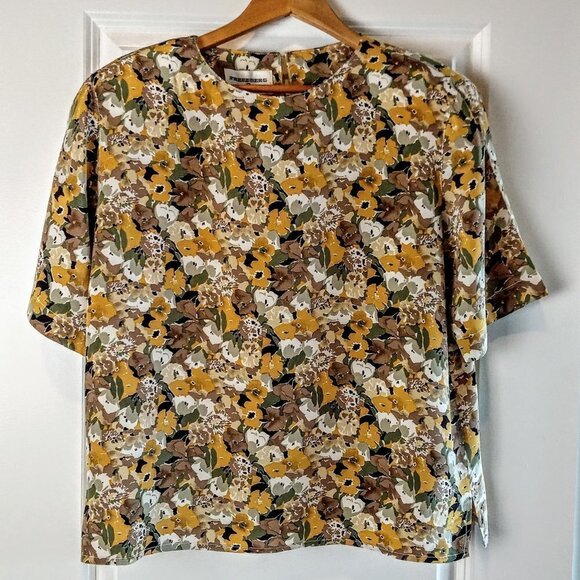 Vintage Freedberg Mustard Yellow Silk Floral SS Top - Picture 1 of 4